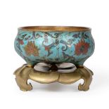 A Chinese Cloisonné Enamel Censer on Stand, Kangxi period, of squat globular form on tripod feet,