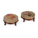 A Pair of Victorian Carved Walnut Circular Footstools, 3rd quarter 19th century, recovered in floral