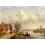 Charles Henri Joseph Leickert (1816-1907) Dutch River landscape with town to distance Signed, oil on