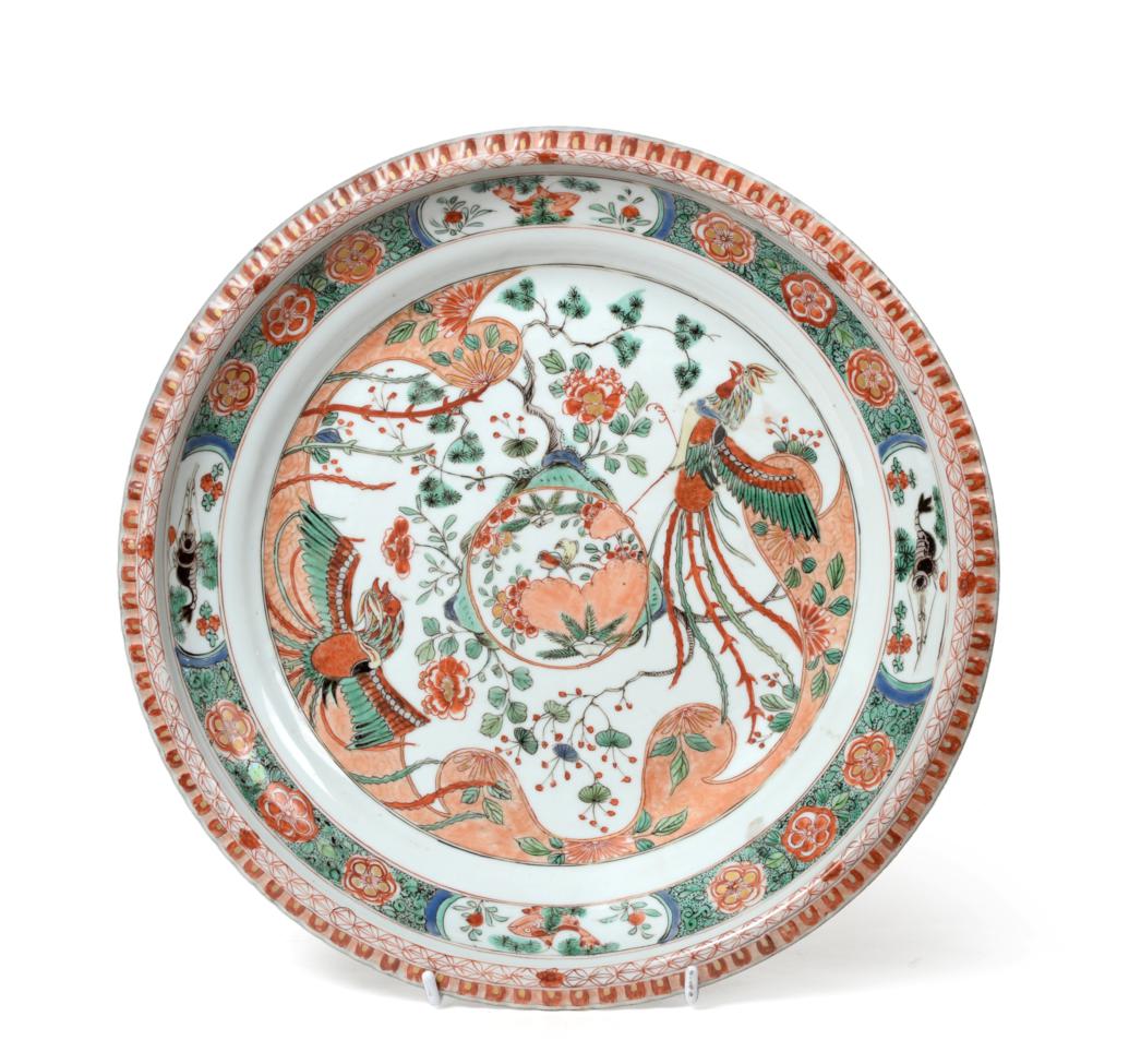 A Chinese Porcelain Dish, Kangxi, painted in famille verte enamels with a birds amongst foliage