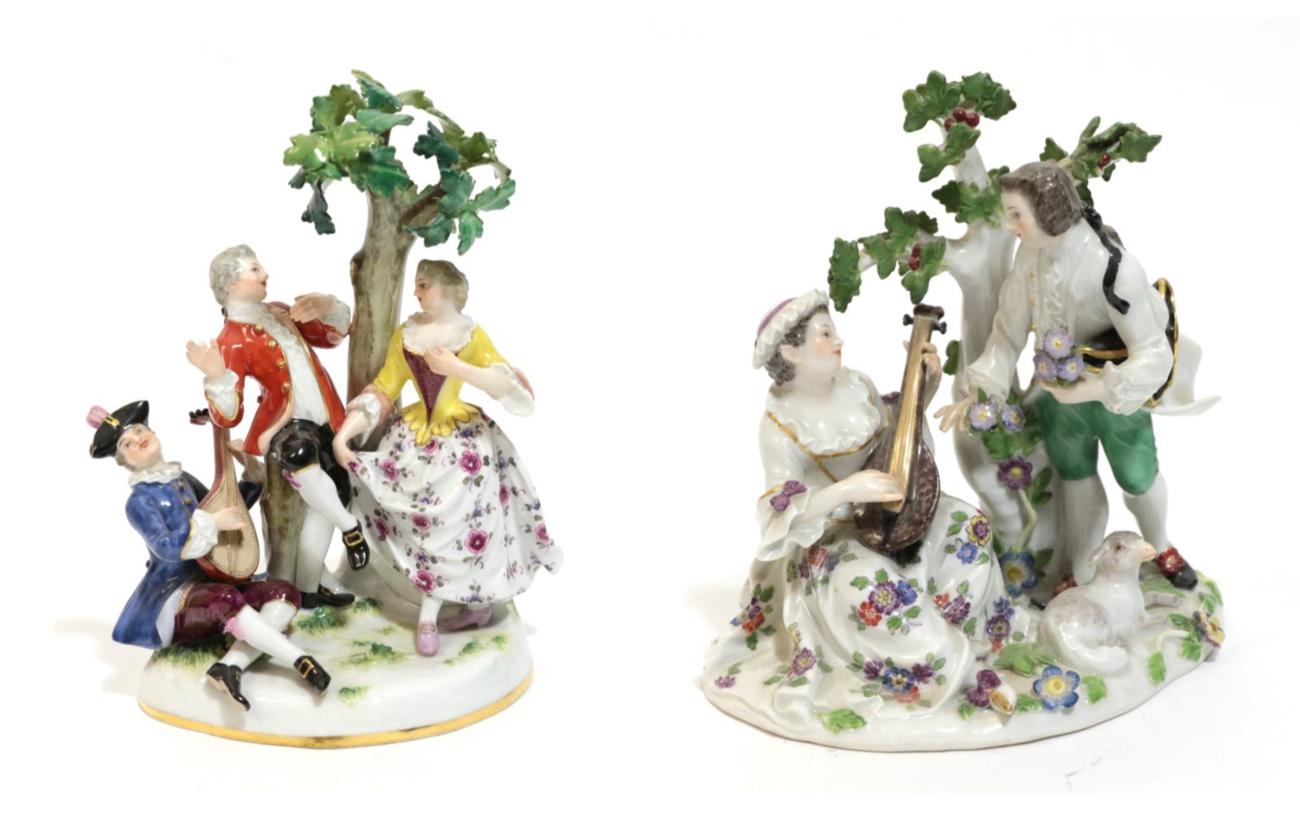 A Meissen Porcelain Figure Group, late 19th/early 20th century, as an 18th century gallant holding