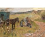 James William Booth ARCA (1867-1953) Gypsy encampment Signed, oil on canvas, 59.5cm by 90cm See