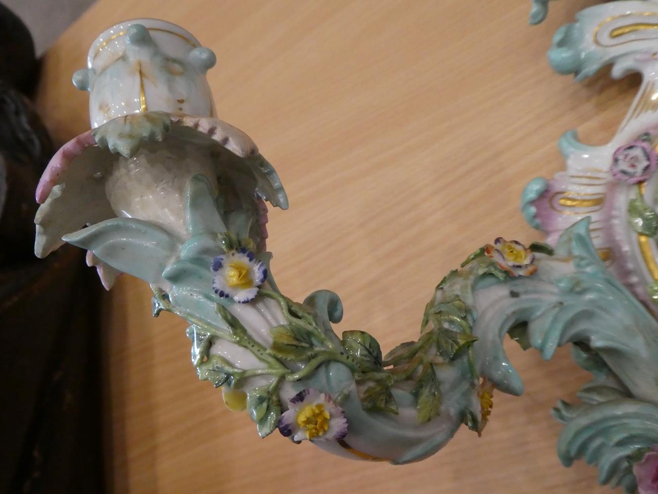 A Pair of Meissen Porcelain Three-Branch Wall Sconces, circa 1900, of flower moulded and encrusted - Image 5 of 14