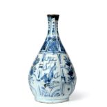 A Chinese Kraak Porcelain Bottle, early 17th century, of pear shape, painted in underglaze blue with