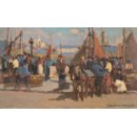 John Sanderson Wells RBA, RI (1872-1955) ''Fish Market, Plymouth'' Signed, oil on board, 12cm by