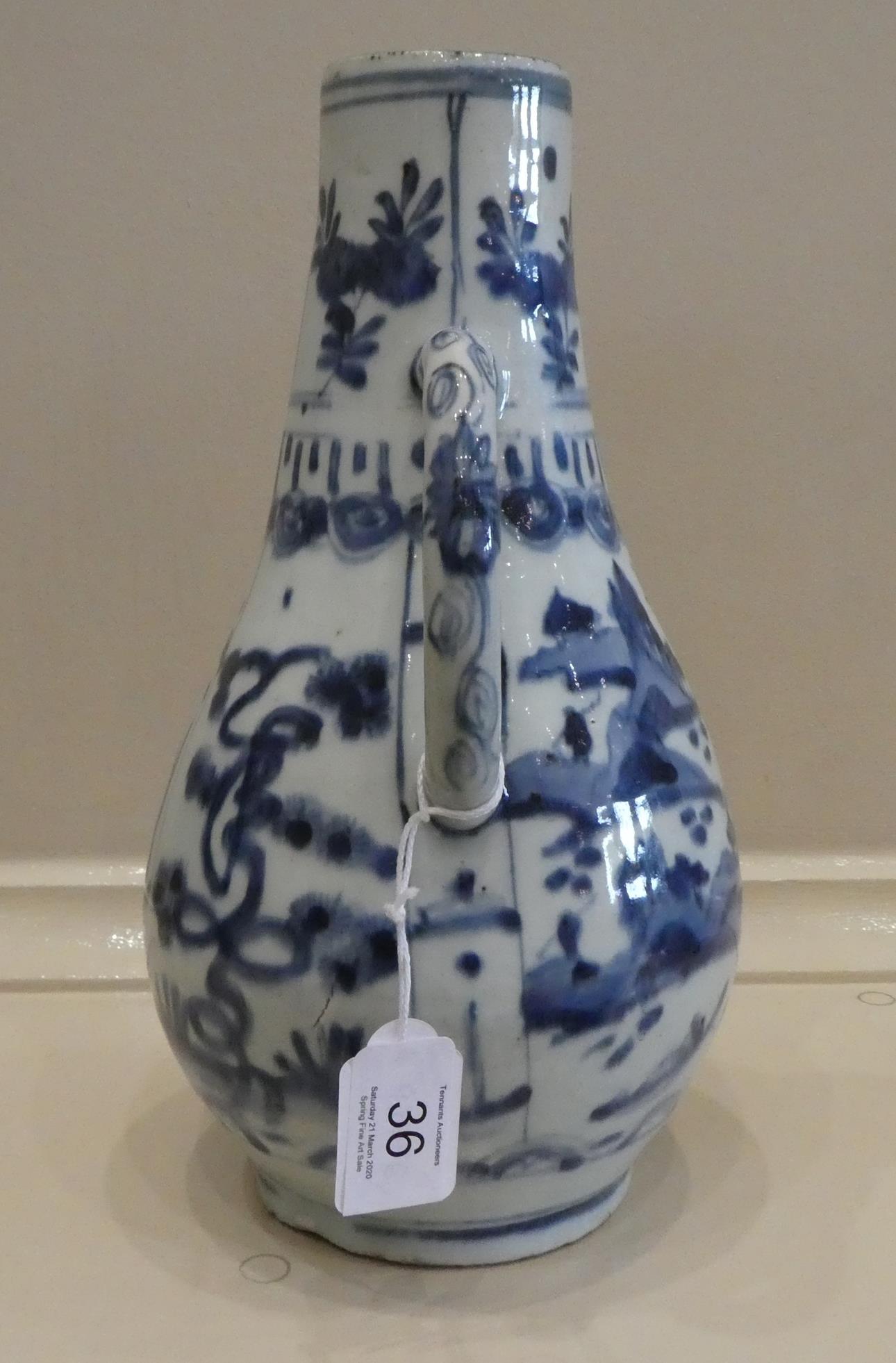 A Kraak Porcelain Ewer, early 17th century, of pear shape with loop handle, typically painted in - Image 6 of 9