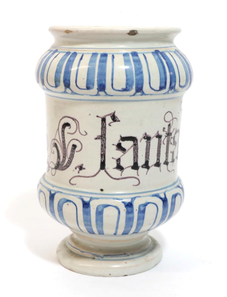 A Savona Maiolica Alberello, early 18th century, of dumbbell form, inscribed in manganese