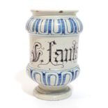 A Savona Maiolica Alberello, early 18th century, of dumbbell form, inscribed in manganese