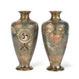 A Pair of Japanese Cloisonné Enamel Vases, Meiji period, of baluster form with flared necks,