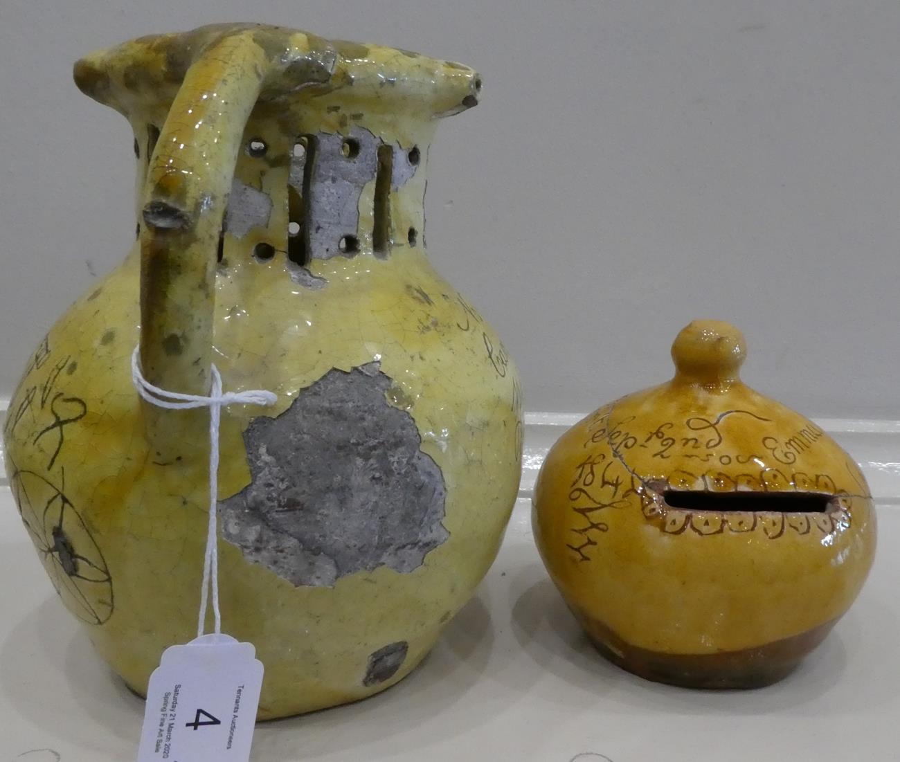 A Barnstaple Slipware Puzzle Jug, dated 1822, of traditional baluster form with pierced neck and - Image 6 of 9