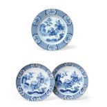 A Pair of Chinese Porcelain Saucer Dishes, Kangxi/Yongzheng, painted in underglaze blue with