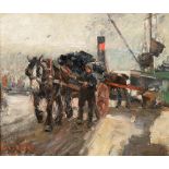 Harry Fidler (1856-1935) A figure leading a horse and cart through docklands Signed, oil on