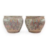 A Pair of Cantonese Porcelain Fish Bowls, late 19th/20th century, of ovoid form, painted in