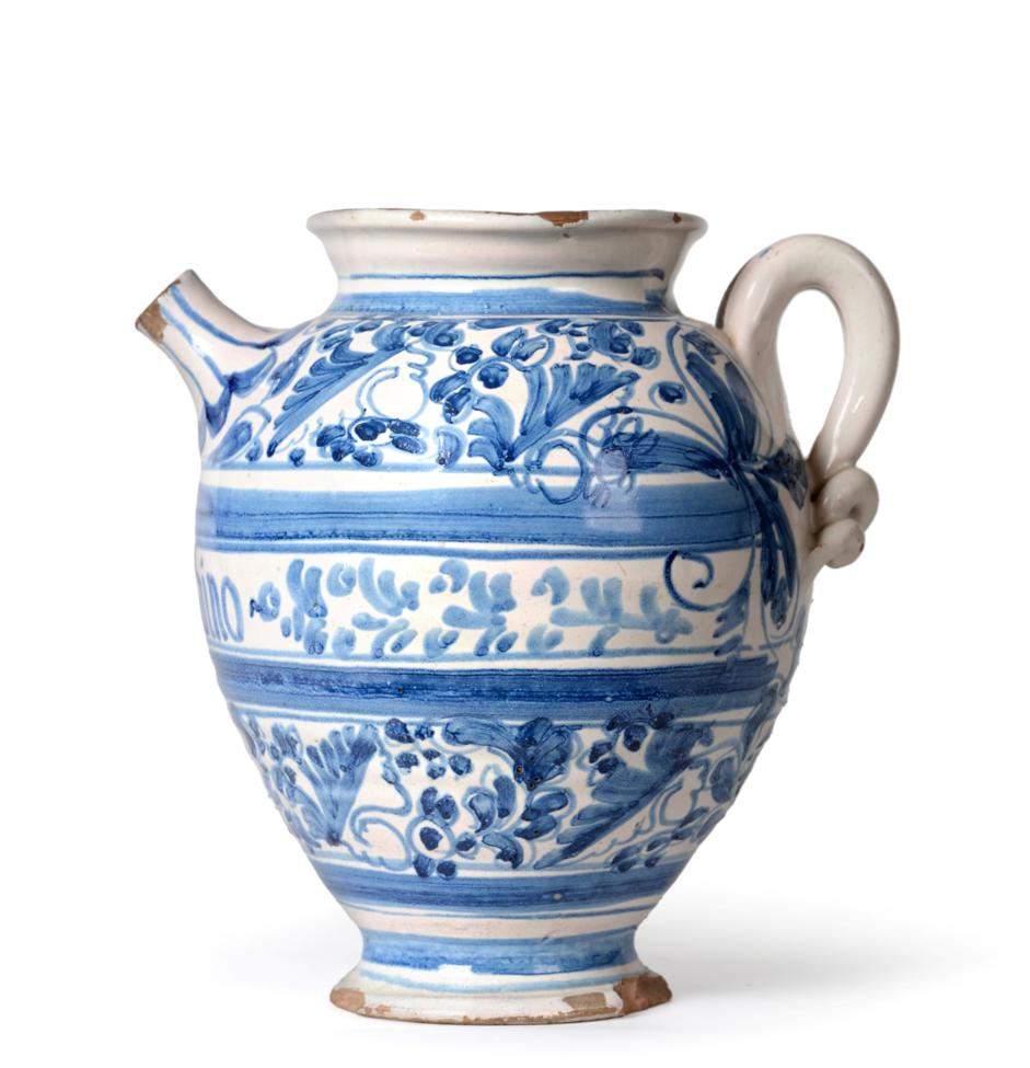 An Italian Maiolica Wet Drug Jar, 17th century, of ovoid form, inscribed in blue Syr de iubirio