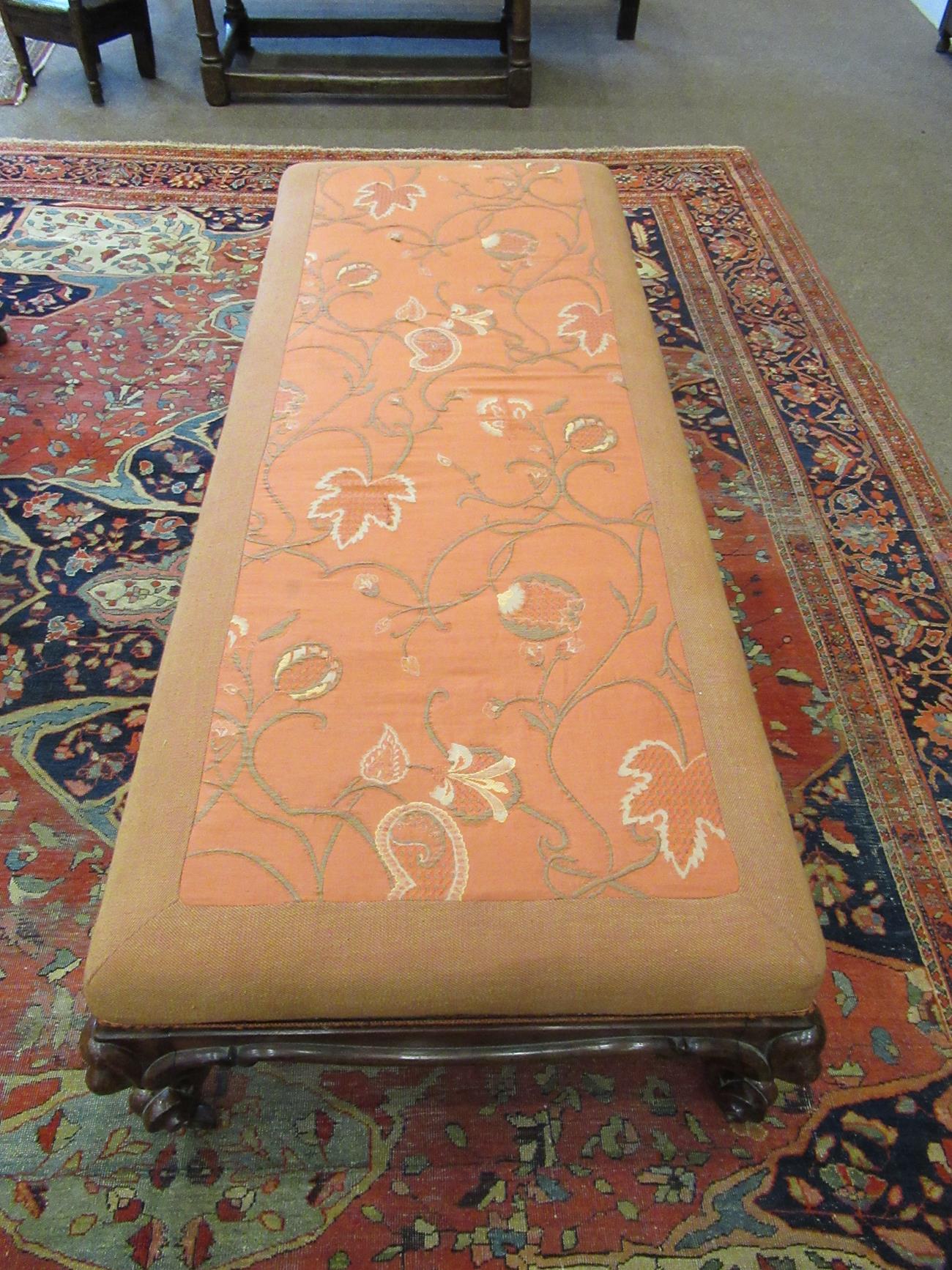 A Victorian Rosewood Frame Oversized Footstool, mid 19th century, recovered in modern crewelwork - Image 2 of 6