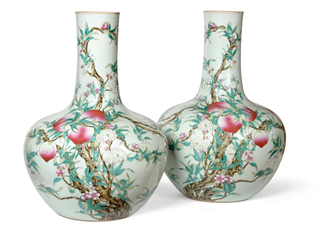 A Pair of Chinese Porcelain ''Nine Peach'' Vases, Tianquiping, Qianlong mark but probably late