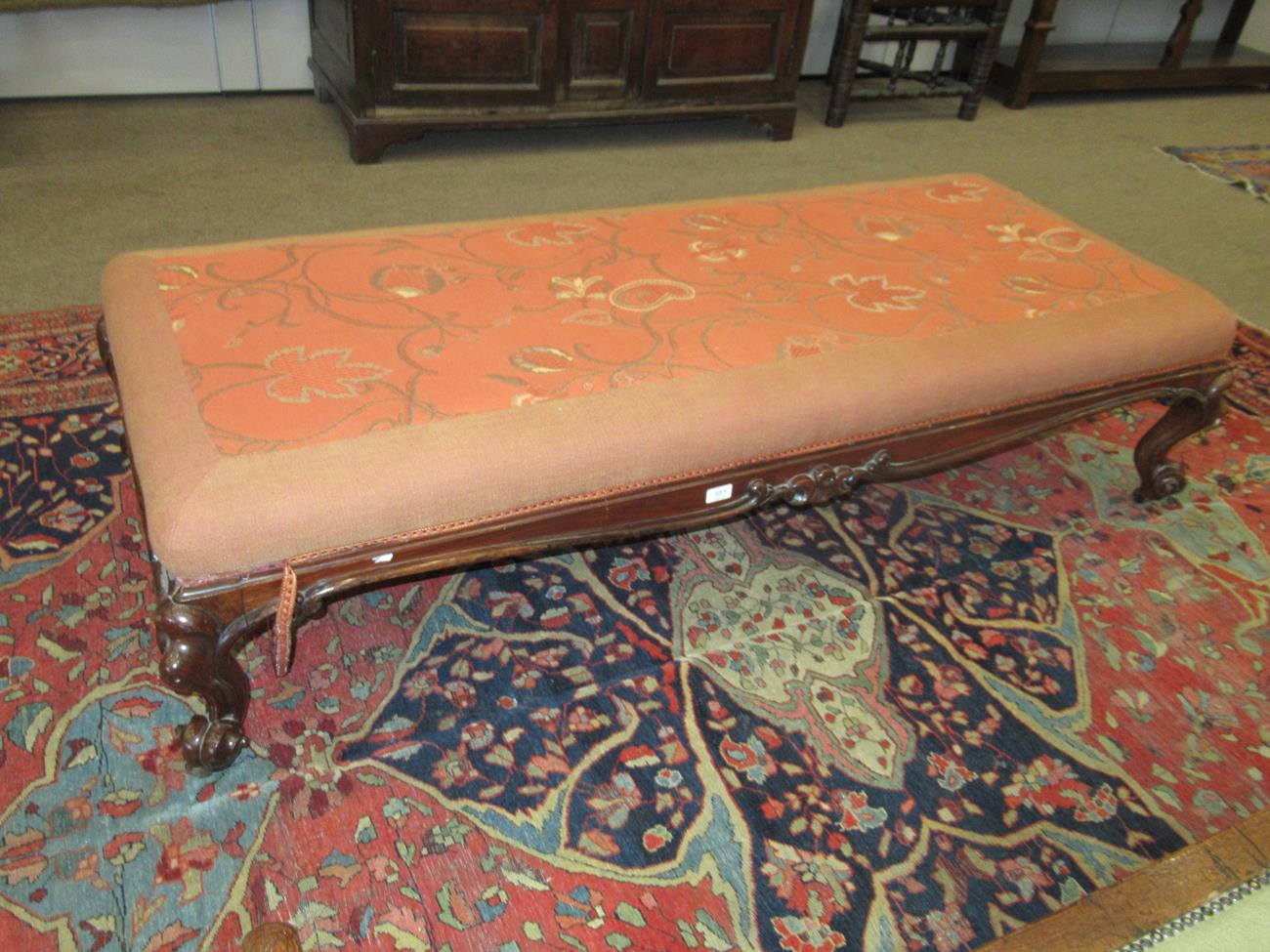 A Victorian Rosewood Frame Oversized Footstool, mid 19th century, recovered in modern crewelwork - Image 3 of 6