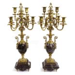 A Pair of French Gilt Metal Mounted Marble Six-Light Candelabra, in Renaissance style, with scroll