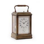 A Brass Striking and Repeating Alarm Carriage Clock, signed Drocourt, retailed by Reid & Sons,