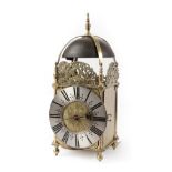 A Late 17th Century Brass Striking Lantern Clock, unsigned, four posted frame case, turned finials