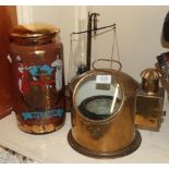 A large brass ships compass, a Victorian style chemists jar ''sulphur'', brass scales, oil lamp