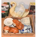 A pair of 19th century Staffordshire recumbent lions, a Staffordshire swan, cheese wedges etc