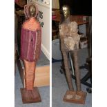 Two 20th century Native American statues, composed of rope twist wool and fur on rootwood, with