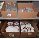 Four boxes including a Wedgewood part dinner and tea service, and various cut and pressed glass