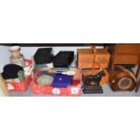 A quantity of decorative ceramics, boxed glass, carved Indian table, trolley, two sewing boxes,