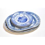 Three blue and white meat plates and five similar dinner plates (8)