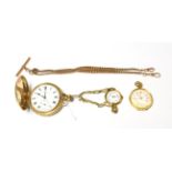 A gold plated full hunter pocket watch, plated curb link watch chain, 9 carat gold lady's wristwatch