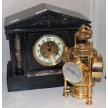 A Victorian slate and marble striking mantle clock and a modern gilt metal com pendulum clock/