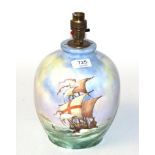 A Mintons hand painted porcelain lamp base, decorated with war ships, signed A. Cheadle