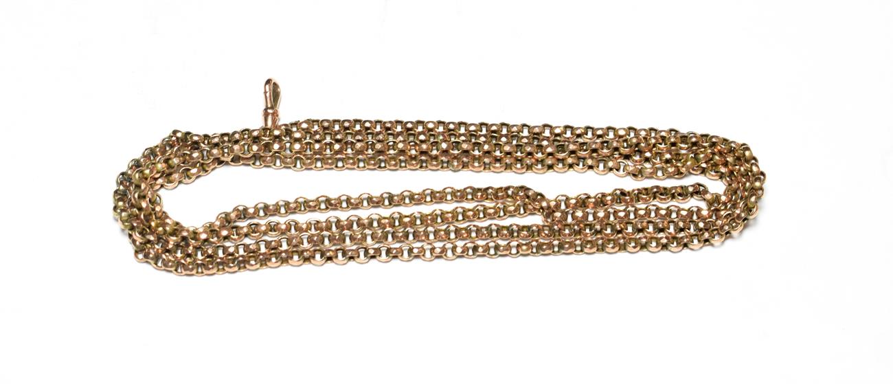 A guard chain, stamped '9CT', length 134cm. Gross weight 37.3 grams.