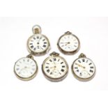Five silver open faced pocket watches