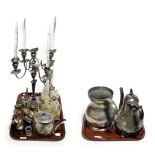 A collection of silver plate and EPNS including five-light candelabra, egg cruet, bottle cruet