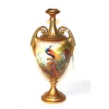 Jack Southall for Royal Worcester, a hand-painted blush ground twin handled vase, signed, pedestal