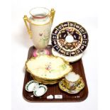 Decorative ceramics including Royal Crown Derby Imari plate, Meissen twin salt, a pair of Dresden