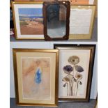 A framed indenture, an oak mirror and three other prints/pictures