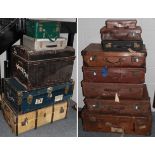 Five late 19th/early 20th century leather suitcases, three various attache cases, two metal and