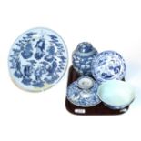 Four pieces of Chinese blue and white porcelain comprising; plate, ginger jar and cover,