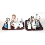 Two trays of figures comprising Coalport, four Royal Doulton, two Lladro, nine Nao, together with
