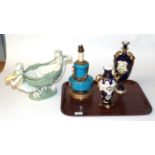Two Copeland vases, both gilt and cobalt blue (one restored), a Minton twin figural handled bowl and