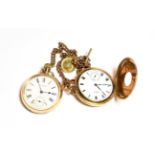 Two Waltham gold pocket watches; a plated watch chain; and a half sovereign dated 1907