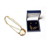 A pair of 9 carat gold garnet drop earrings, length 3.0cm; a pair of stud earrings, stamped '750';