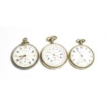 A nickel plated Omega open faced pocket watch; a nickel plated single push chronograph pocket watch;
