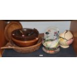 Four treen large bowls, a vegetable chopper and two darning mushrooms, two Chinese porcelain plates,