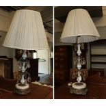 A pair of lustre drop gilt metal mounted porcelain and alabaster table lamps