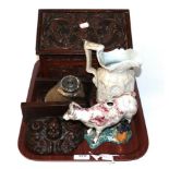 A Victorian Staffordshire cow creamer, silver plate mounted horses hoof inkwell by Rowland Ward,