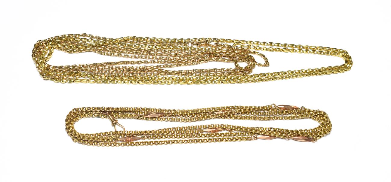 A guard chain, stamped '9C', length 144cm; another fancy link necklace, length 98cm; and a fancy